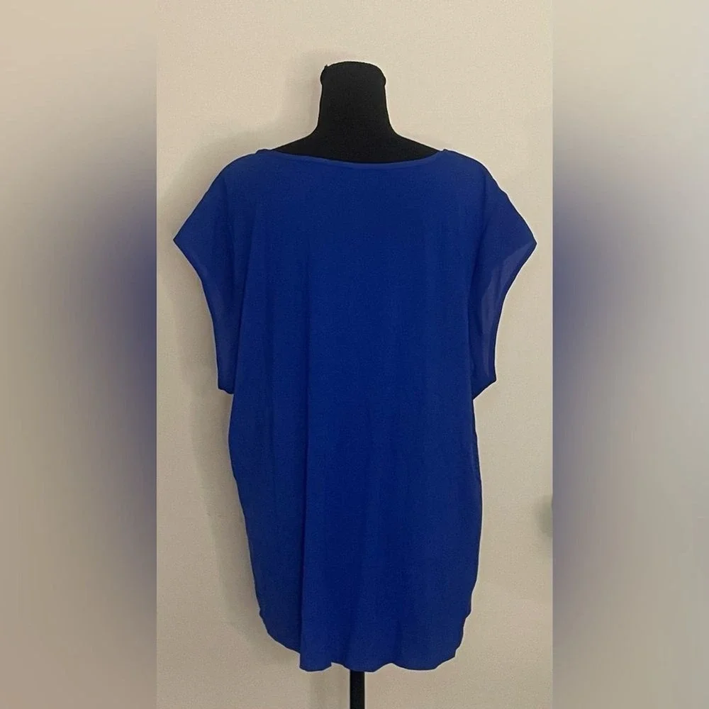 Calvin Klein Womens 3X Royal Blue Mixed Media Short Sleeve Pocket Top Blouse - Picture 4 of 8